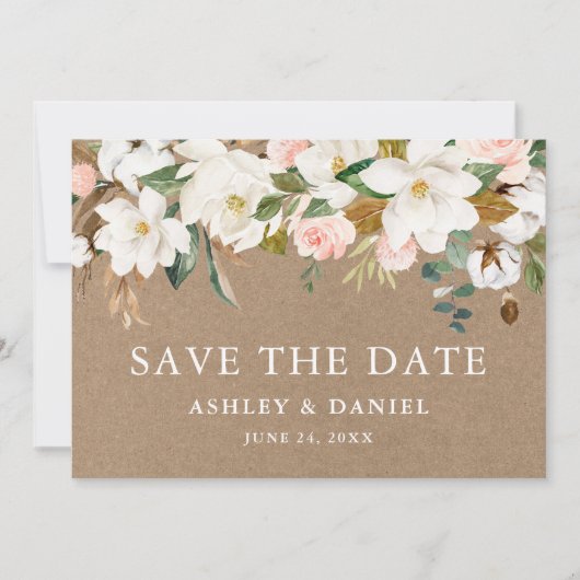 Waterverf Magnolias Pink Roses Kraft Save The Date (Voorkant)