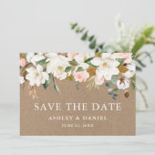 Waterverf Magnolias Pink Roses Kraft Save The Date (Staand voorkant)