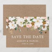 Waterverf Magnolias Pink Roses Kraft Save The Date (Voorkant / Achterkant)