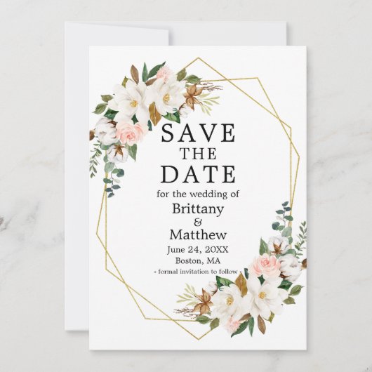 Waterverf Magnolias Roses Gold Geo Lijst Save The Date (Voorkant)