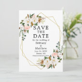 Waterverf Magnolias Roses Gold Geo Lijst Save The Date (Staand voorkant)