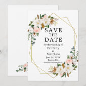 Waterverf Magnolias Roses Gold Geo Lijst Save The Date (Voorkant / Achterkant)