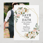 Waterverf Magnolias Roze Rozen Geo Lijst Foto Save The Date (Voorkant / Achterkant)