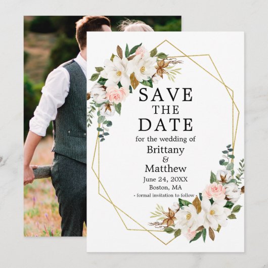 Waterverf Magnolias Roze Rozen Geo Lijst Foto Save The Date (Voorkant / Achterkant)