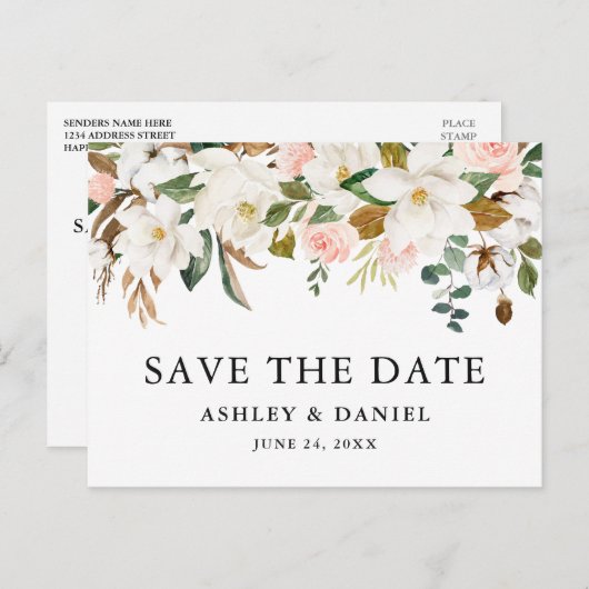 Waterverf magnolia's roze rozen opslaan de datum briefkaart (Voorkant / Achterkant)