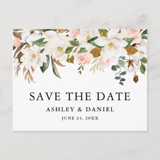 Waterverf magnolia's roze rozen opslaan de datum briefkaart (Voorkant)