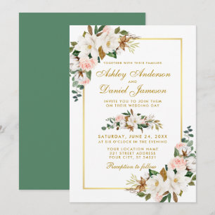 Waterverf Magnolias Rozen Floral Gold Wedding Kaart