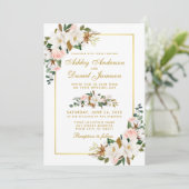 Waterverf Magnolias Rozen Floral Wedding Gold Kaart (Staand voorkant)