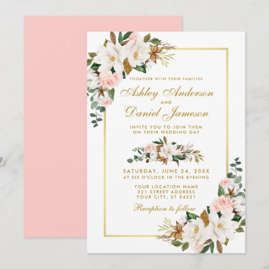 Waterverf Magnolias Rozen Floral Wedding Gold Kaart (Voorkant / Achterkant)