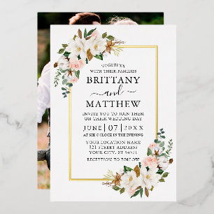 Waterverf Magnolias Rozen Foto Weddenschap Gold Folie Uitnodiging