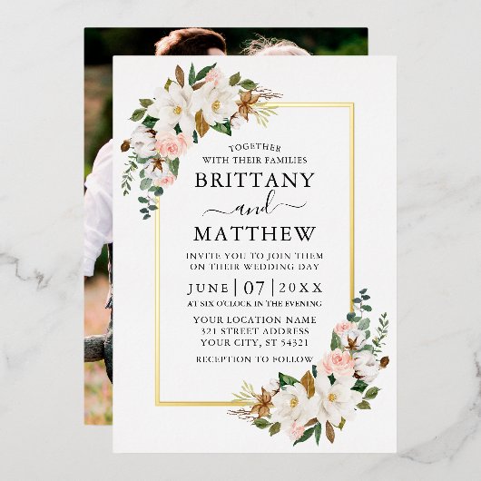 Waterverf Magnolias Rozen Foto Weddenschap Gold Folie Uitnodiging (Voorkant / Achterkant)