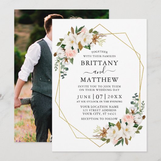 Waterverf Magnolias Rozen Geo Lijst Foto bruiloft Kaart (Voorkant / Achterkant)