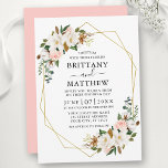 Waterverf Magnolias Rozen Geo Lijst Roze bruiloft Kaart<br><div class="desc">Elegant Waterverf Roze Roses and White Magnolias Wedding Invitation omvat botanische groenery en eucalyptusbladeren op een goud geometrisch lijst. Roze Blush back.</div>