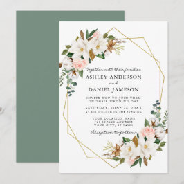 Waterverf Magnolias Rozen Geo Wedding Sage Green Kaart