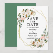 Waterverf Magnolias Rozen Gold Geo Lijst Green Save The Date (Voorkant / Achterkant)