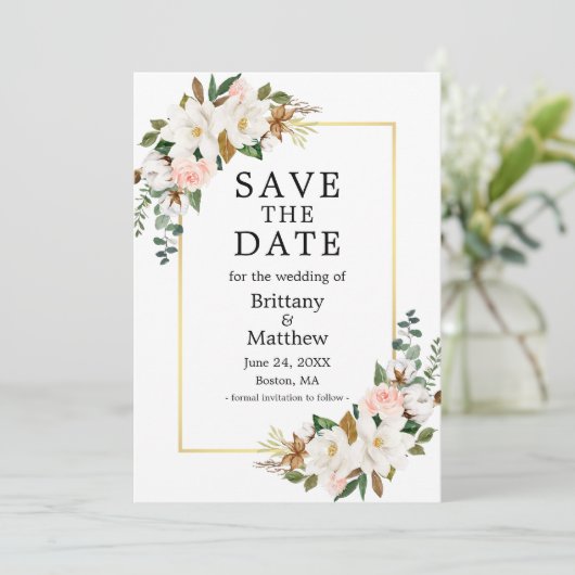 Waterverf Magnolias Rozen Gold Lijst Green Save The Date (Staand voorkant)
