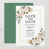 Waterverf Magnolias Rozen Gold Lijst Green Save The Date (Voorkant / Achterkant)