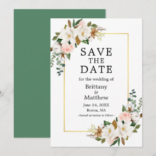Waterverf Magnolias Rozen Gold Lijst Green Save The Date