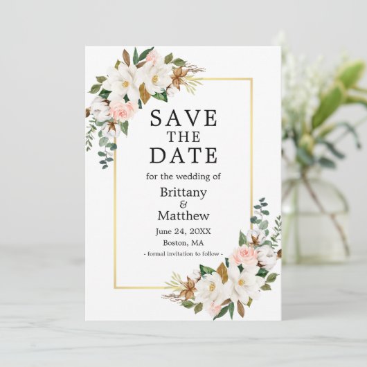 Waterverf Magnolias Rozen Gold Lijst Roze Save The Date (Staand voorkant)