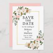 Waterverf Magnolias Rozen Gold Lijst Roze Save The Date (Voorkant / Achterkant)