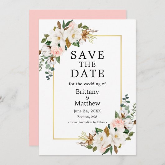 Waterverf Magnolias Rozen Gold Lijst Roze Save The Date (Voorkant / Achterkant)
