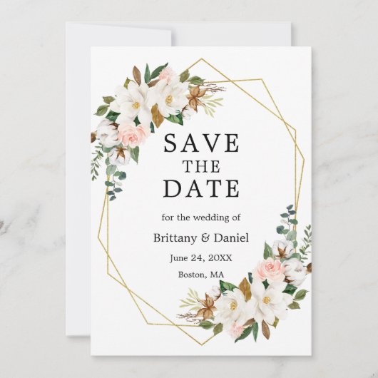 Waterverf Magnolias Rozen Gold Sage Green Save The Date (Voorkant)