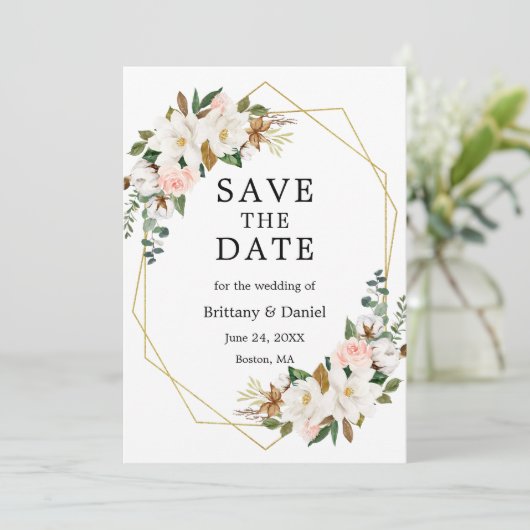 Waterverf Magnolias Rozen Gold Sage Green Save The Date (Staand voorkant)