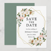Waterverf Magnolias Rozen Gold Sage Green Save The Date (Voorkant / Achterkant)