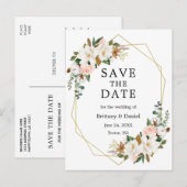 Waterverf Magnolias Rozen Gold Save The Date Aankondigingskaart (Voorkant / Achterkant)