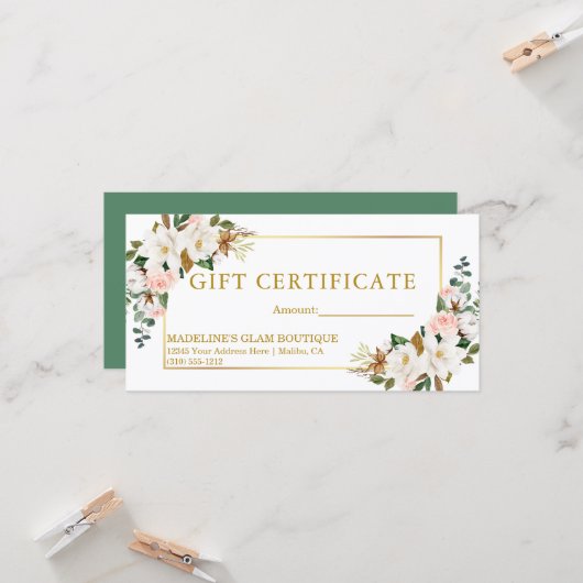 Waterverf Magnolias Rozen Green Gift Certificate (Voorkant / Achterkant in situ)