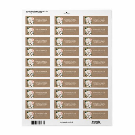 Waterverf Magnolias Rozen Return Address Kraft Etiket (Full Sheet)