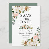 Waterverf Magnolias Rozen Sage Green Save The Date (Voorkant / Achterkant)