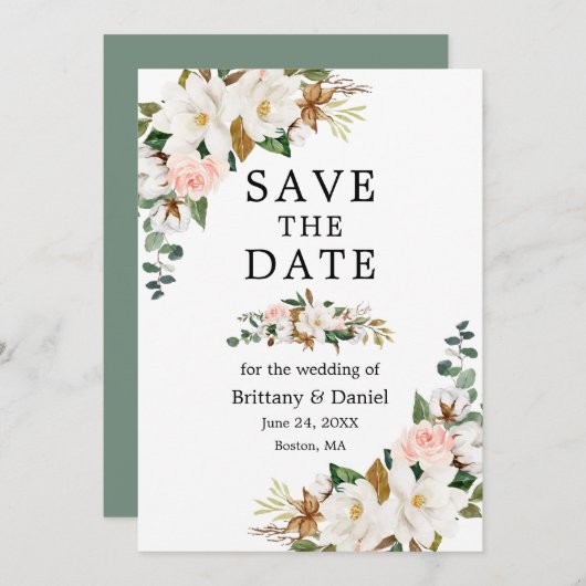 Waterverf Magnolias Rozen Sage Green Save The Date (Voorkant / Achterkant)