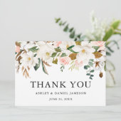 Waterverf Magnolias Rozen Sage Green Wedding Bedankkaart (Staand voorkant)