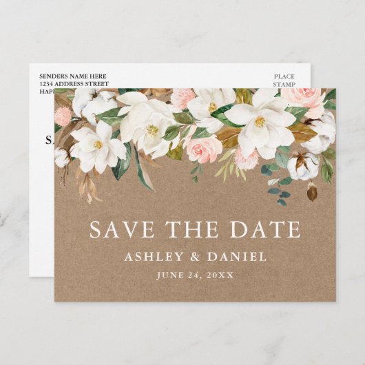 Waterverf Magnolias Rozen Save The Date Kraft Briefkaart (Voorkant / Achterkant)