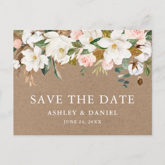Waterverf Magnolias Rozen Save The Date Kraft Briefkaart (Voorkant)