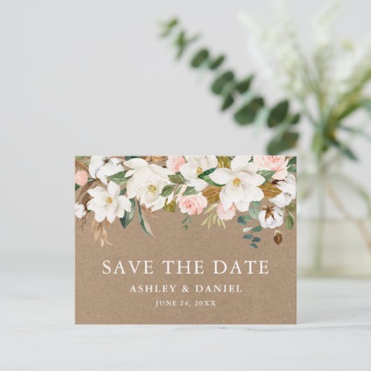 Waterverf Magnolias Rozen Save The Date Kraft Briefkaart (Staand voorkant)