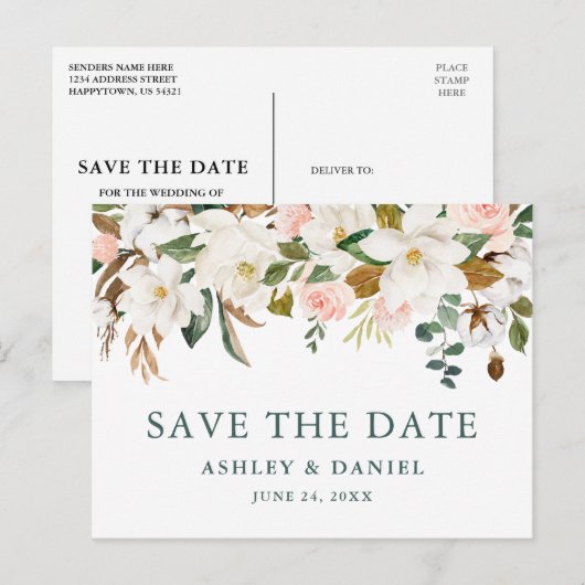 Waterverf Magnolias Rozen sparen de Datum Groene Briefkaart (Voorkant / Achterkant)