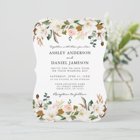 Waterverf Magnolias Rozen Wedding Sage Green Kaart (Staand voorkant)