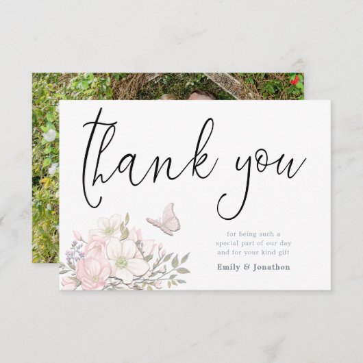 Waterverf Magnolias Stijlvolle Script Foto Bedankkaart (Voorkant / Achterkant)