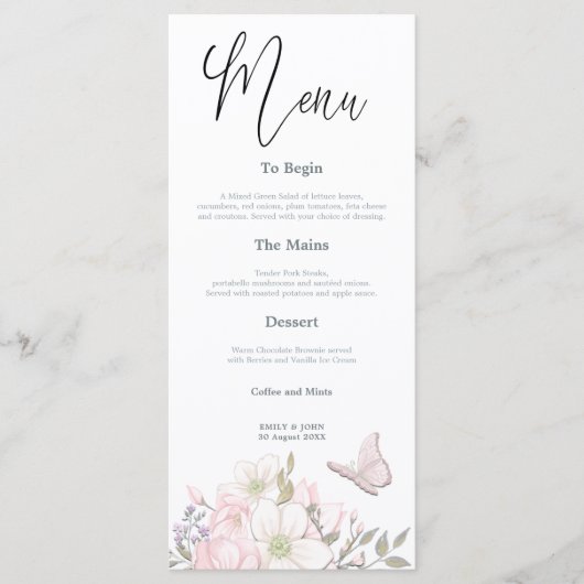 Waterverf Magnolias Vlinder Script bruiloft Menu (Voorkant)