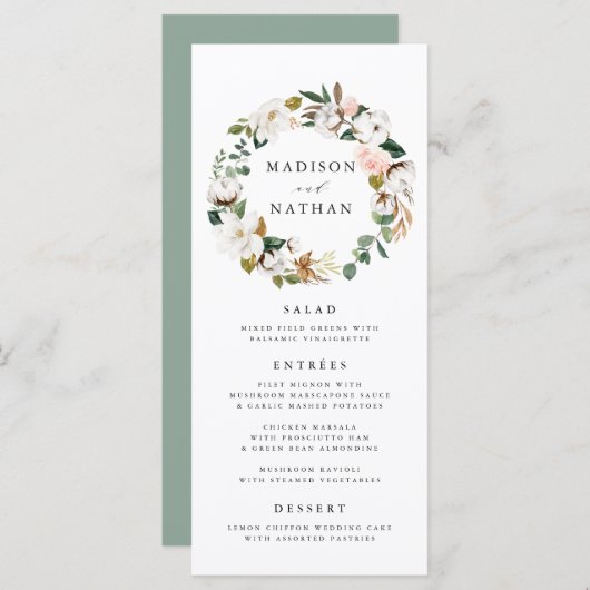 Waterverf Magnolias Wreath | Bruiloft Menu Kaart (Voorkant / Achterkant)