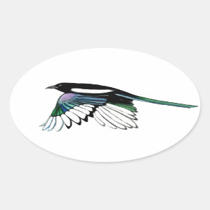 Waterverf Magpie Bird in Flight Natuur Art Ovale Sticker