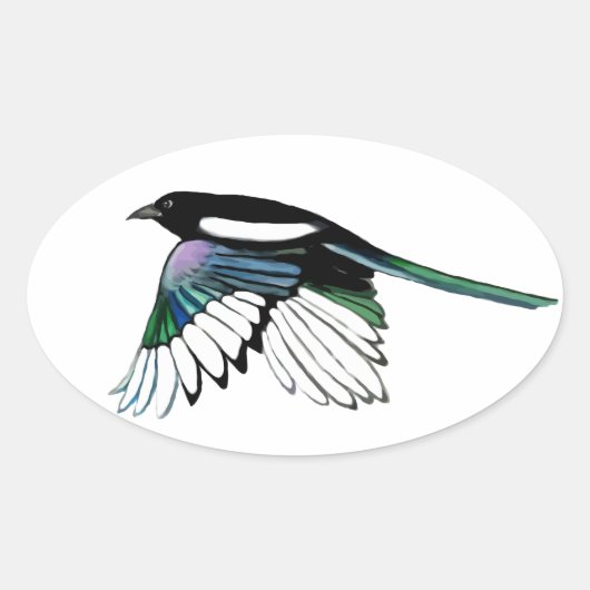 Waterverf Magpie Bird in Flight Natuur Kunst Ovale Sticker (Voorkant)