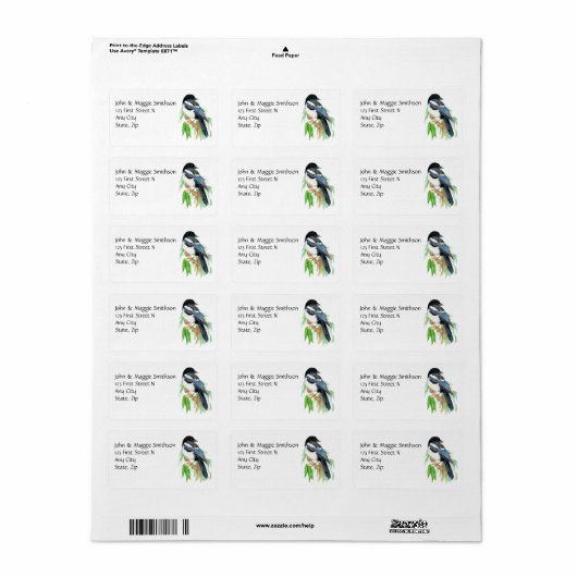 Waterverf Magpie Garden Bird Custom Address Etiket (Full Sheet)
