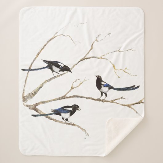 Waterverf Magpie Garden Bird Wildlife Art Sherpa Sherpa Deken (Voorkant)