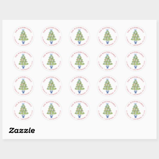 Waterverf Mahjong Kerstboom Adres Ronde Sticker (Vel)