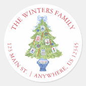 Waterverf Mahjong Kerstboom Adres Ronde Sticker (Voorkant)