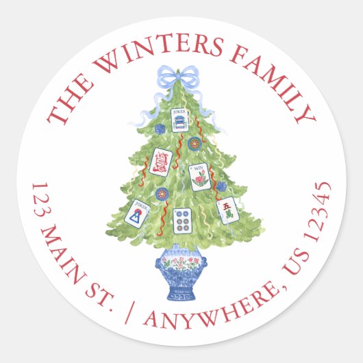 Waterverf Mahjong Kerstboom Adres Ronde Sticker (Voorkant)