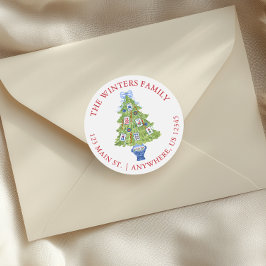 Waterverf Mahjong Kerstboom Adres Ronde Sticker